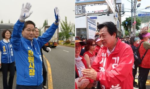 유세 중인 민주 송순호(왼쪽)·국민의힘 강기윤 후보