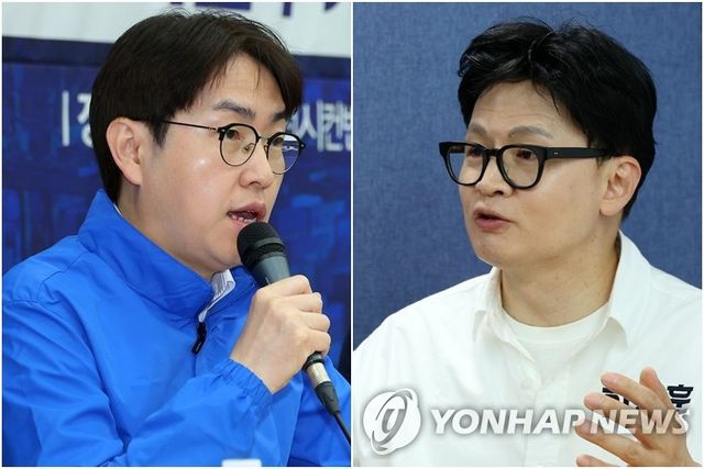 부산 북갑 후보인 더불어민주당 하정우 후보(왼쪽)와 무소속 한동훈 후보(오른쪽)