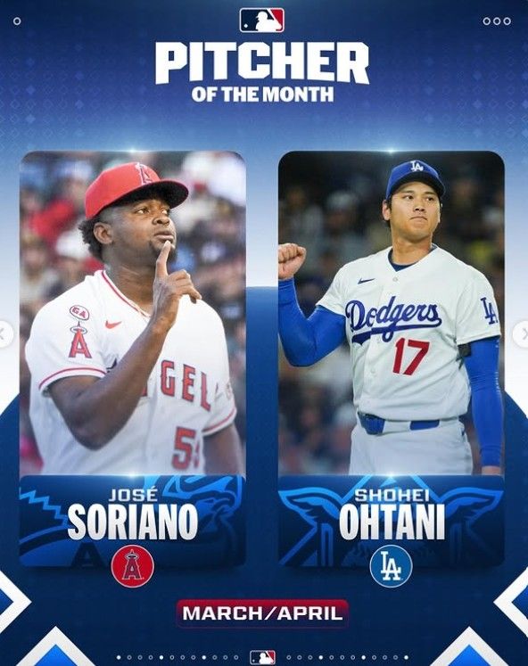 MLB 3∼4월 이달의 투수 소리아노(왼쪽)와 오타니