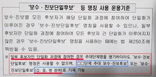 선관위 단일후보 명칭 사용 기준