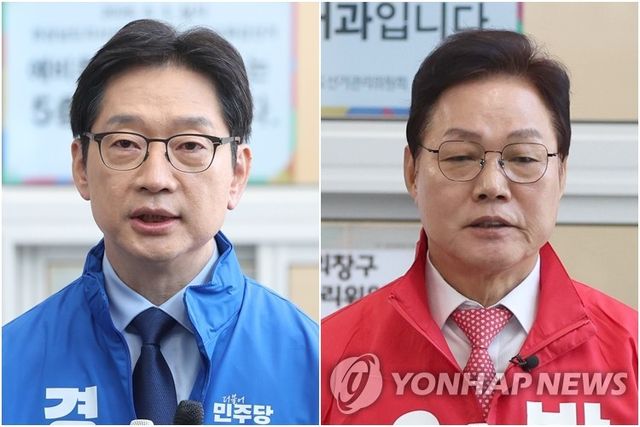 왼쪽부터 김경수 민주당 경남지사 후보·박완수 국민의힘 경남지사 후보