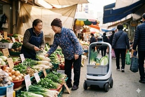 전통시장에 배치된 AI 짐꾼 로봇을 AI로 생성한 이미지
