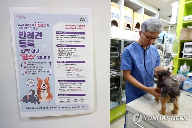 (서울=연합뉴스) 류영석 기자 = 동물보호법에 따른 '동물등록 자진신고 기간'이 시작된 5일 서울 동작구 동물등록 대행기관인 굿파파 24시 반려동물건강검진센터에 관련 안내문이 붙어 있다. 2024.8.5 ondol@yna.co.kr