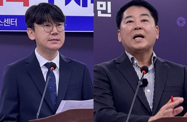 왼쪽부터 김 후보 캠프 김명섭 대변인, 박 후보 캠프 유해남 수석대변인