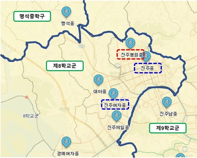 경남 진주 봉원중학교와 인근 학교 지도