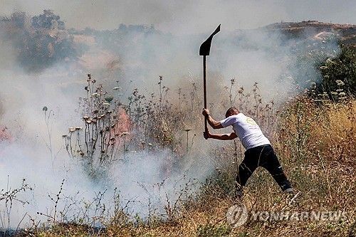 요르단강 서안의 팔레스타인 마을 후와라에서 한 남성이 들판에 난 불을 끄고 있다. 당국에 따르면 화재는 이스라엘 정착민들의 방화 공격으로 인해 발생한 것으로 알려졌다. [AFP 연합뉴스. 재판매 및 DB 금지]