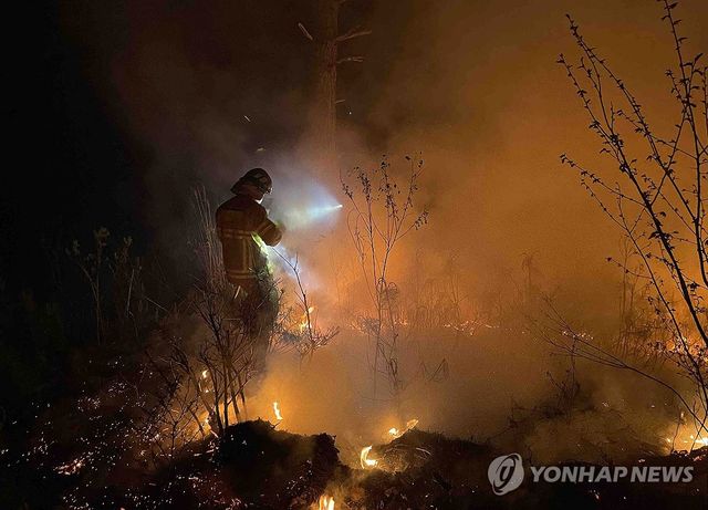 지난 4월 21일 오후 강원 영월군 영월읍 영흥리 야산서 불이 나 소방대원이 진화작업을 벌이고 있다. [강원특별자치도 산불방지센터 제공. 재판매 및 DB 금지]
