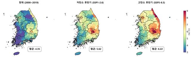 이번 세기 후반기 봄철 평균 산불기상지수 전망치 분포도. [기상청 제공. 재판매 및 DB 금지]