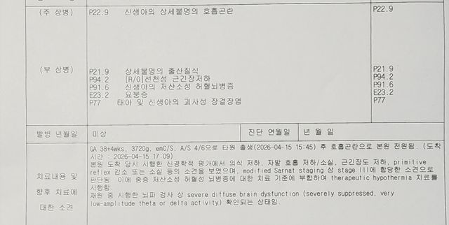 B씨 아기에 대한 상급병원 측 진단서