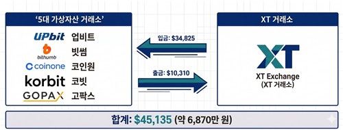 올해 1∼5월 5대 가상자산 거래소와 XT닷컴 간의 입출금 분석 내역. [연합뉴스 인포그래픽 생성기 제작]
