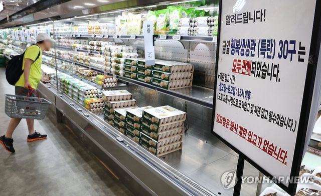 서울의 한 대형마트에 저렴하게 판매하는 계란의 품절 안내판이 게시된 모습