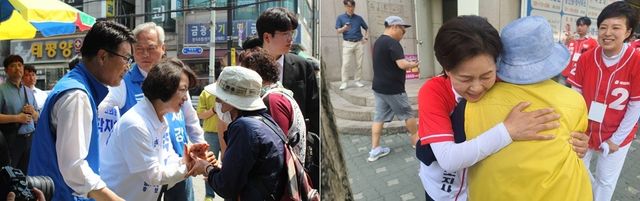 유권자 만나는 추미애(왼쪽), 양향자(오른쪽) 경기지사 후보