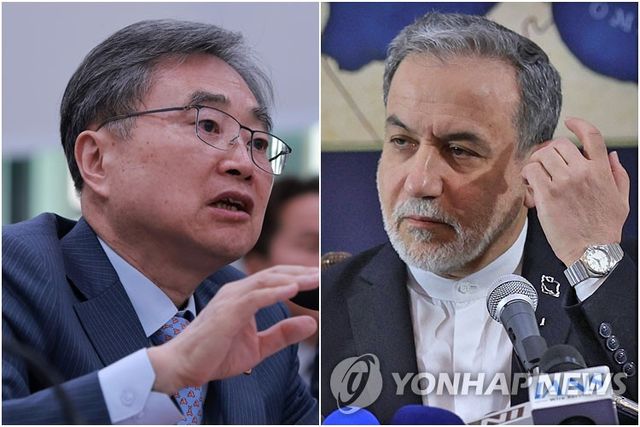 조현 외교부 장관(왼쪽)과 아바스 아라그치 이란 외무부 장관