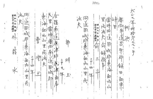 1918년 고성군 동해면 어민항쟁 관련자 2심 판결문