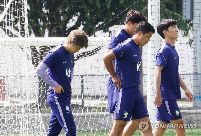 고개숙이고 훈련장 들어서는 선수들