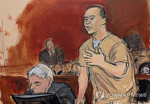 뉴욕 맨해튼 법정에서 발언하고 있는 궈원구이 스케치