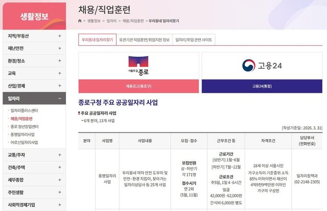 종로구 누리집 '일자리 플랫폼' 화면