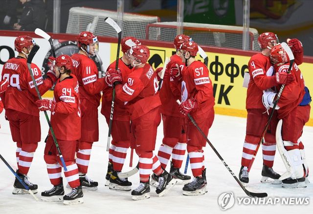 러시아 아이스하키 국가대표팀이 IIHF 퇴출 전인 2021년 5월 21일 라트비아에서 경기하는 모습