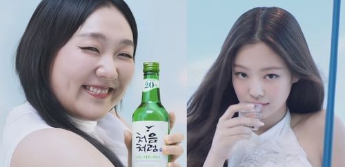 개그우먼 이수지(왼쪽)와 블랙핑크 제니가 각각 출연한 소주 광고