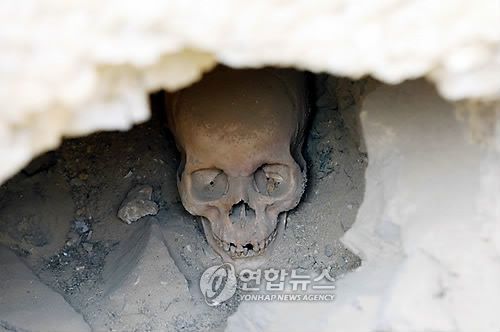 2009년 1월 촬영된 기자 피라미드 건설 노동자 무덤 속 유골 [EPA 연합뉴스 자료사진]