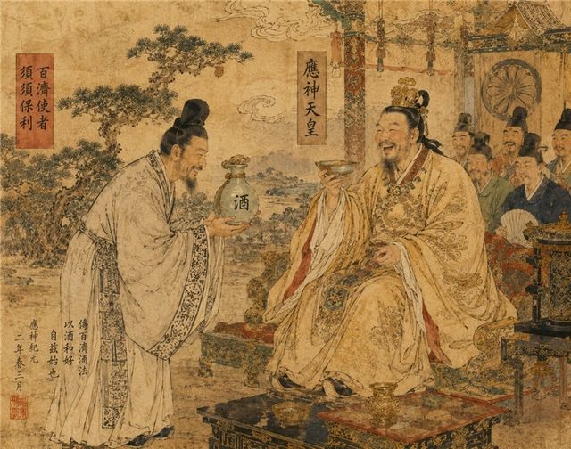 수수보리가 일본 오진 천황에게 술을 바치는 모습