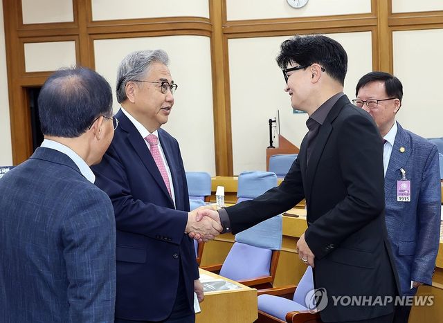 박진 전 외교부 장관과 인사하는 한동훈 의원
