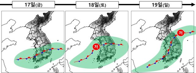 17∼19일 정체전선 위치 예상도. [기상청 제공. 재판매 및 DB 금지]