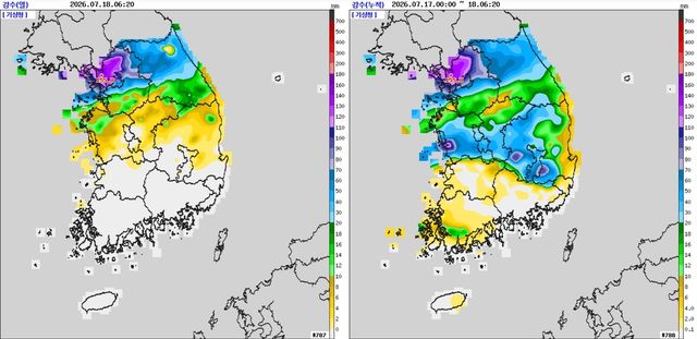 18일 오전 6시까지 일강수량(왼쪽)과 17일부터 누적 강수량(오른쪽). [기상청 제공. 재판매 및 DB 금지]