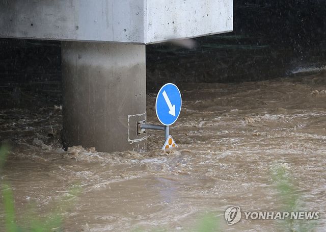 지난 9일 오전 홍수주의보가 발효된 충북 청주시 흥덕대교 지점 무심천 물이 불어나 있다. [연합뉴스 자료사진]