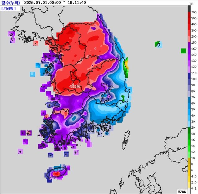 이달 1일부터 18일 오전 11시 40분까지 누적 강수량. 영남은 경북 북서부를 제외하고 누적 강수량이 70㎜ 이하에 머물고 있다. [기상청 제공. 재판매 및 DB 금지]