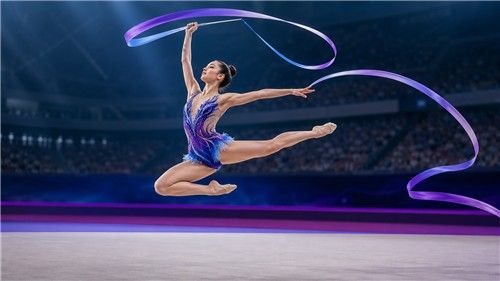리본 연기를 펼치는 가상의 리듬체조 선수