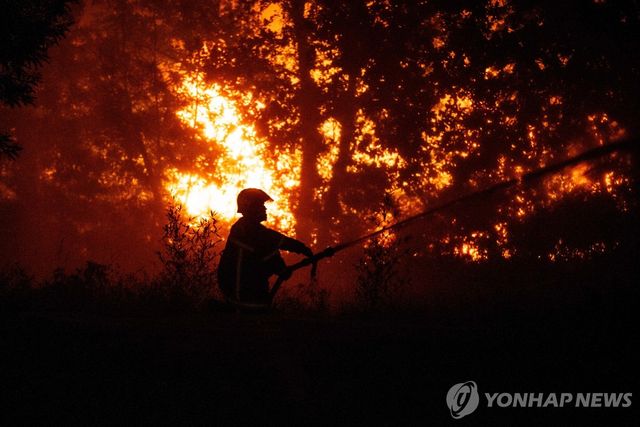 프랑스 캅페레에서 산불 진화 중인 프랑스 소방관