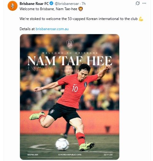 남태희의 영입을 알린 브리즈번.