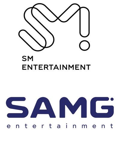 SM엔터테인먼트(위), SAMG엔터테인먼트(아래) 로고