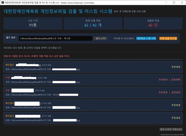 AI 기반 개인정보 마스킹 프로그램 예시 사진