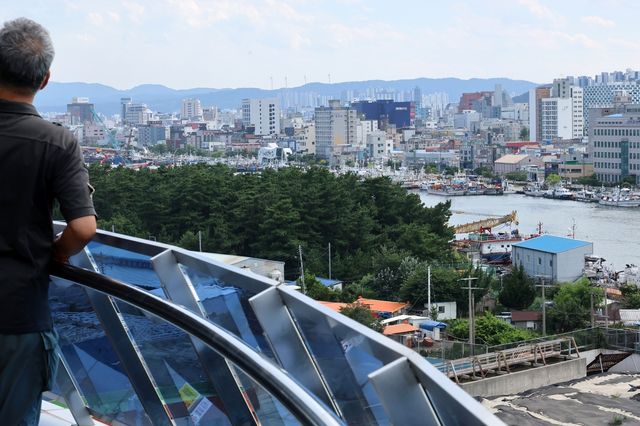 포항 해오름대교 전망대에 서 있는 시민