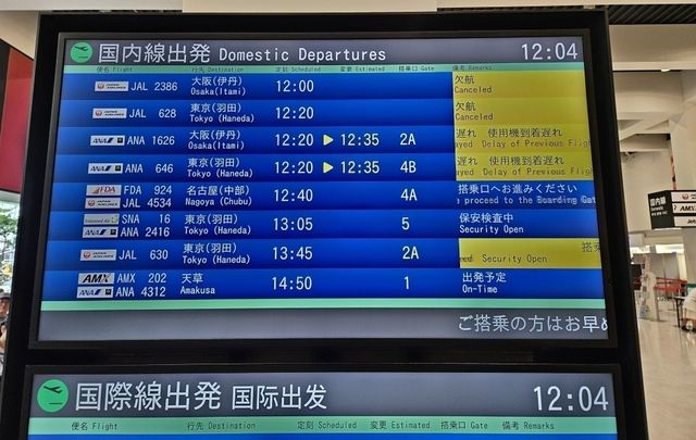 29일 구마모토 공항의 결항 표시 전광판