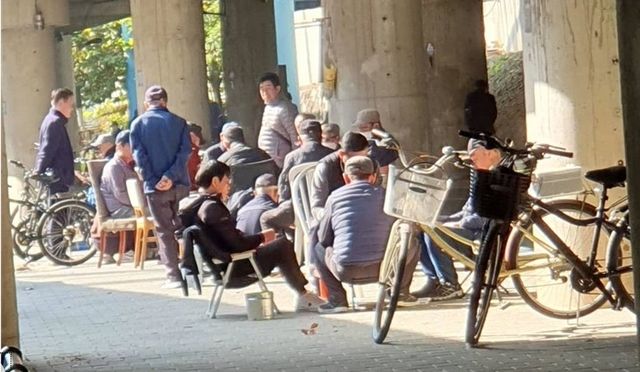 무단으로 테이블과 의자를 두고 도박과 음주 중인 시민들