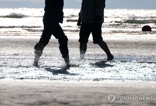 한파 속 다대포 해수욕장서 맨발 걷기 하는 시민들