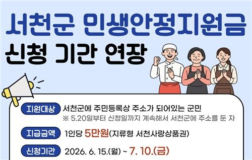 서천군 민생안정지원금 신청 10일까지 연장