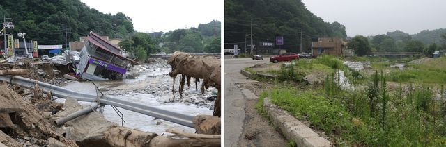 당시 폭우 피해 입은 편의점 건물(왼쪽)과 현 모습