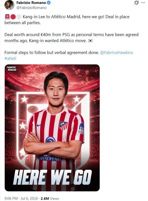 PSG와 아틀레티코 마드리드가 이강인의 이적 합의했다고 전한 로마노 기자.