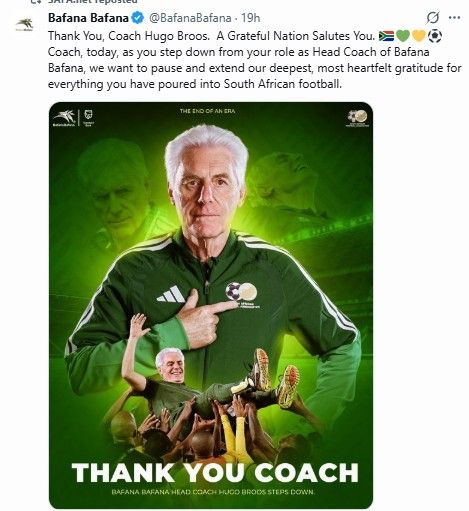브로스 감독과의 작별을 알린 남아공축구협회.