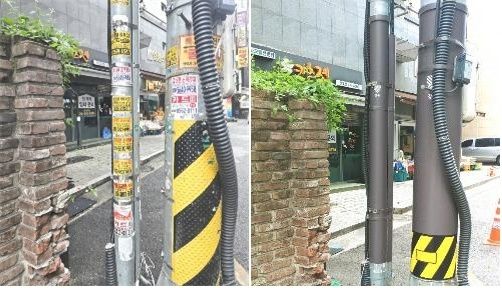 불법 광고물 부착 방지물 설치 전(왼쪽)과 후 모습