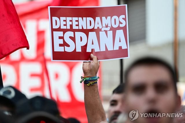 마드리드 시내서 한 시위자가 '스페인을 지켜라' 푯말을 든 모습 