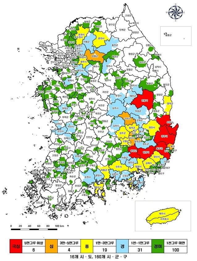 소나무재선충병 피해 현황 구분도(지난해 12월 기준)