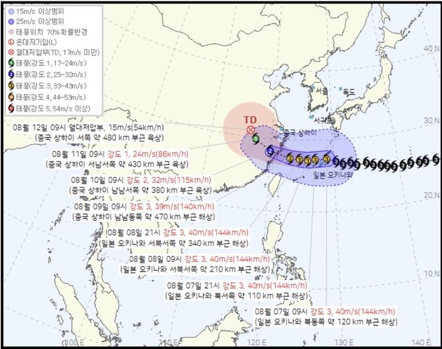 7일 오전 10시 발표된 태풍 돌핀 예상 진로도