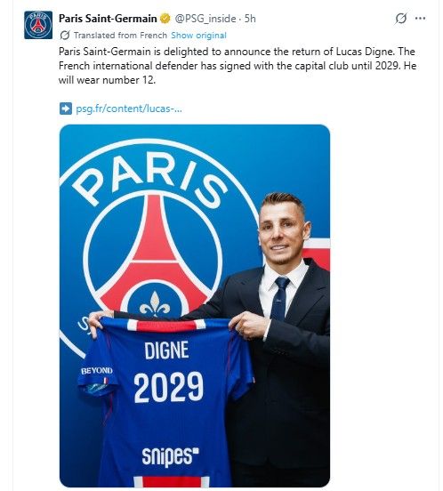 뤼카 디뉴의 재영입을 알린 PSG.
