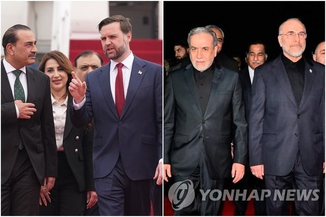 4월 11일(현지시간) 파키스탄 수도 이슬라마바드서 전쟁 종식을 위한 회담에 나선 미국 대표단(왼쪽)과 이란 대표단