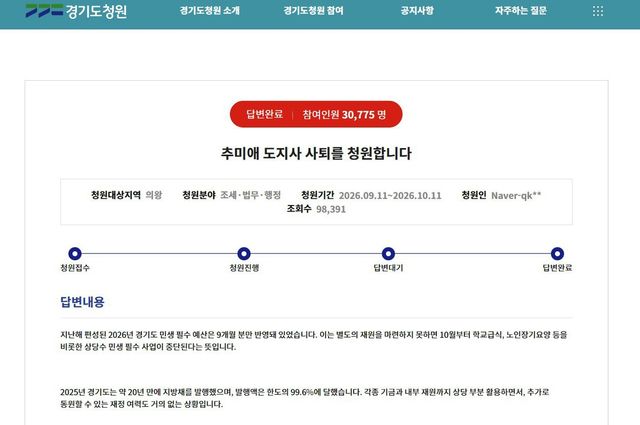 경기도청원의 추미애 지사 사퇴 청원